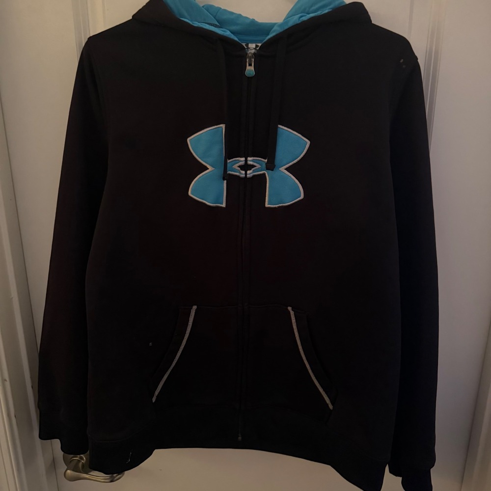 Under Armour Womens Full Zip Hoodie Black Teal Blue Logo Athletic Sweatshirt XL